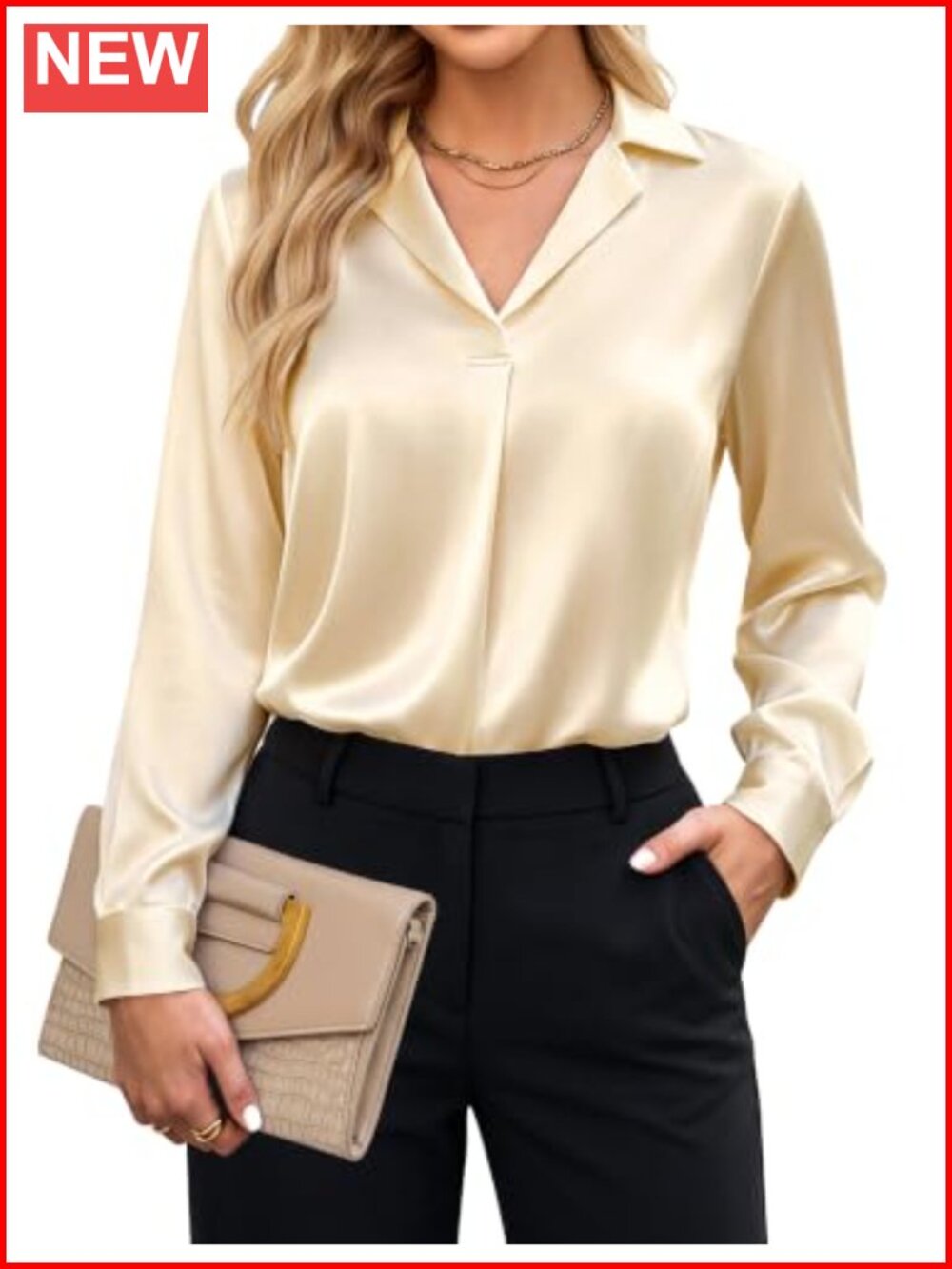 Women's Satin Long Sleeve Blouse with Collar - Business Casual Silk-like Top